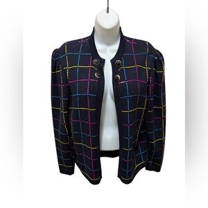 St John By Marie Gray Santana Knit Cardigan Sweater Sequin Check Sz 10 Black